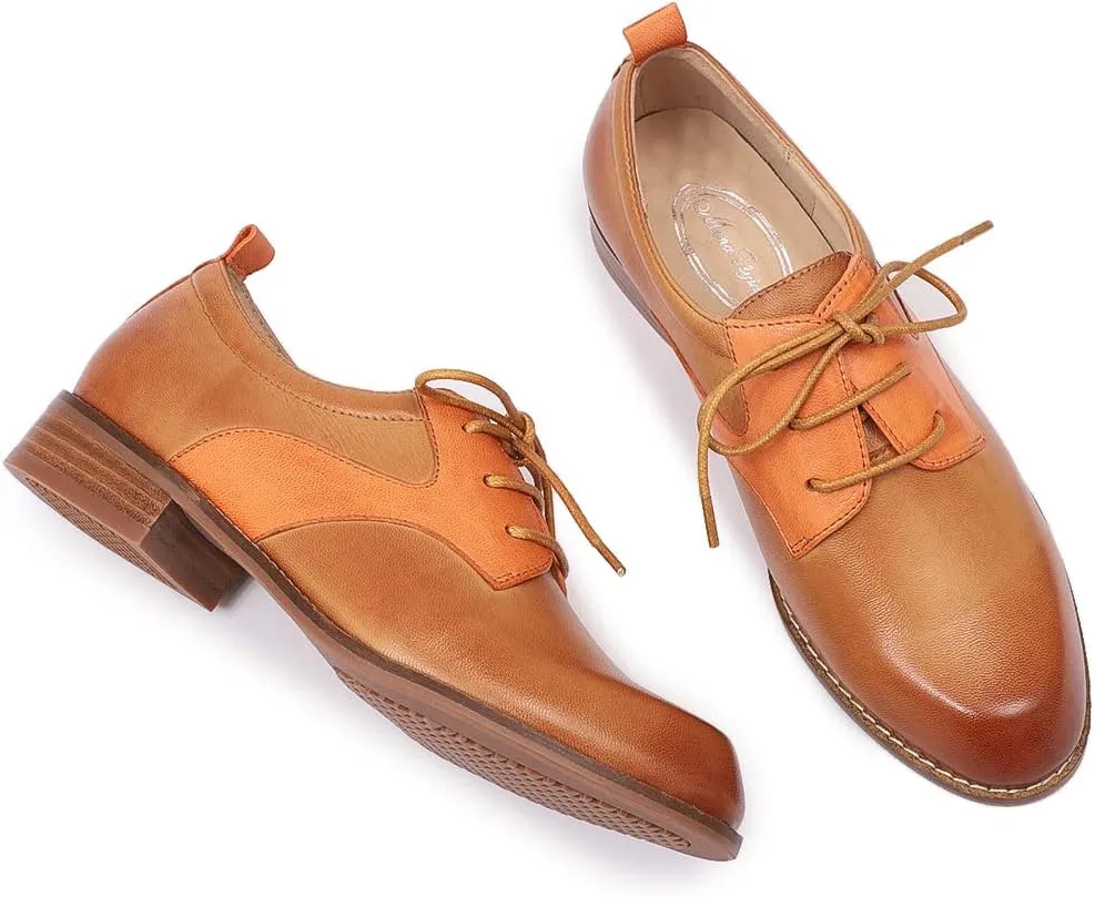 Mona flying Women's Handmade Two Tone Dress Oxfords Saddle Derby Comfy Lace up Leather Shoes for Ladies