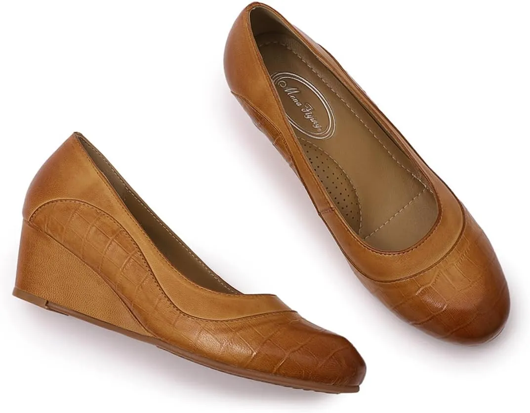 Mona flying Women's Leather Closed Toe 2 Inch Mid Wedges Heels with Arch Support Round Toe Comfortable Dress Pumps for Women Ladies
