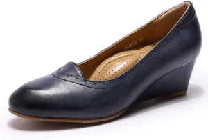 Mona flying Women's Leather Closed Toe 2 Inch Mid Wedges Heels with Arch Support Round Toe Comfortable Dress Pumps for Women Ladies