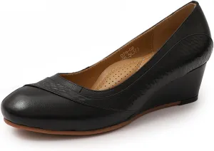 Mona flying Women's Leather Closed Toe 2 Inch Mid Wedges Heels with Arch Support Round Toe Comfortable Dress Pumps for Women Ladies