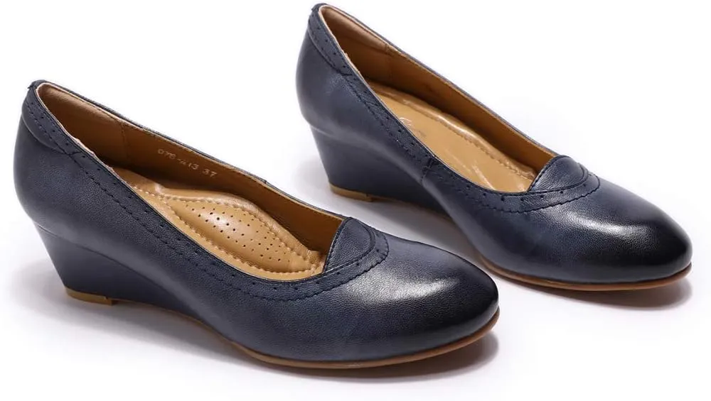 Mona flying Women's Leather Closed Toe 2 Inch Mid Wedges Heels with Arch Support Round Toe Comfortable Dress Pumps for Women Ladies