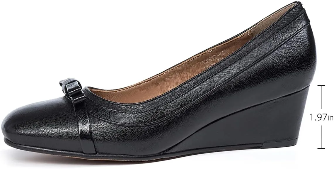 Mona flying Women's Leather Closed Toe 2 inches Wedges Pumps Square Toe Comfortable Heeled Office Work Dress Shoes for Ladies