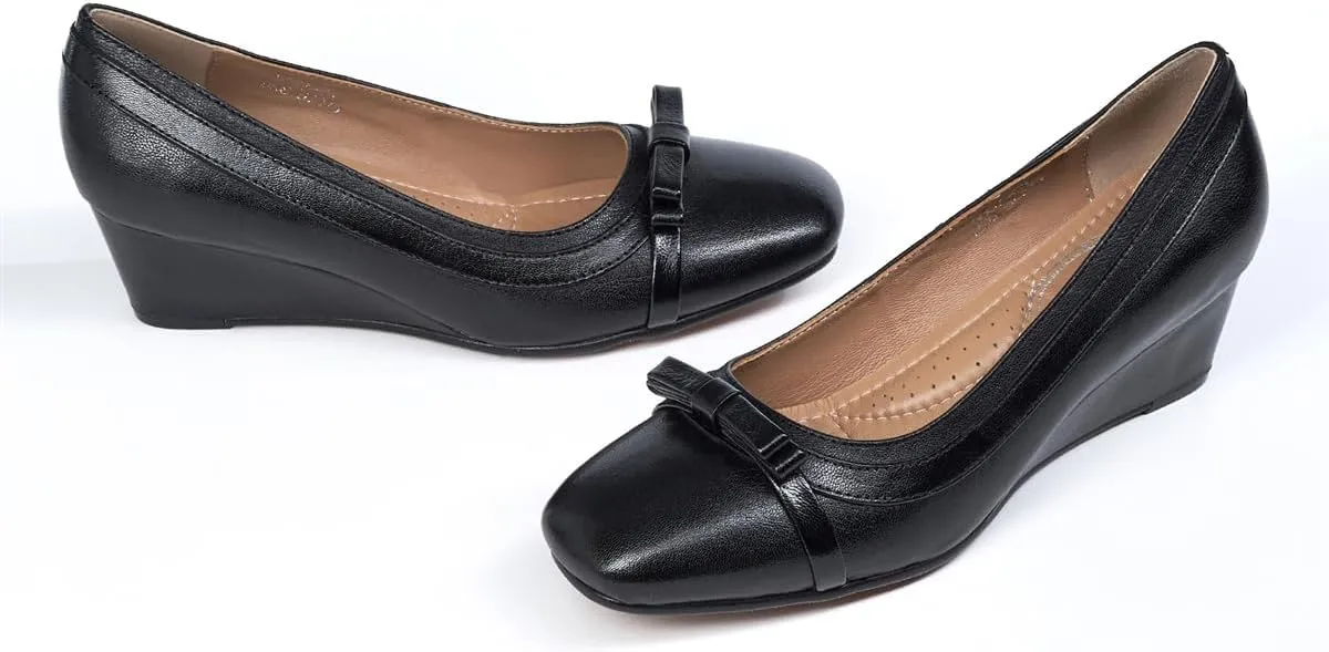 Mona flying Women's Leather Closed Toe 2 inches Wedges Pumps Square Toe Comfortable Heeled Office Work Dress Shoes for Ladies