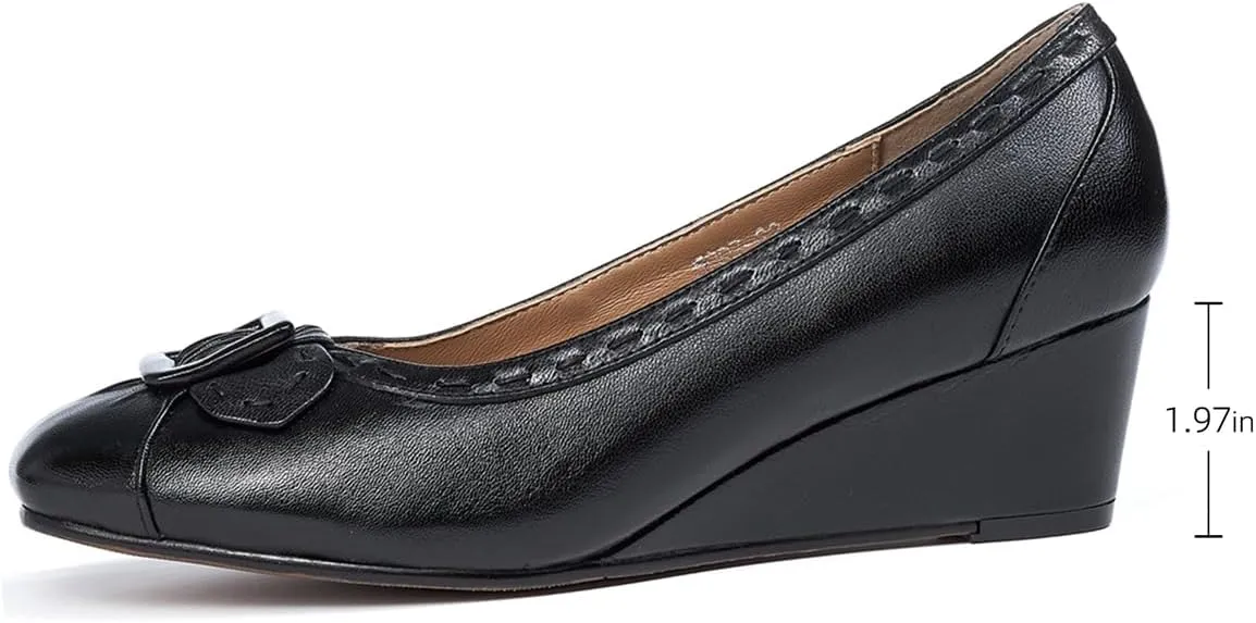 Mona flying Women's Leather Closed Toe 2 inches Wedges Pumps Square Toe Comfortable Heeled Office Work Dress Shoes for Ladies