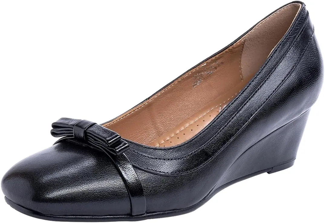 Mona flying Women's Leather Closed Toe 2 inches Wedges Pumps Square Toe Comfortable Heeled Office Work Dress Shoes for Ladies