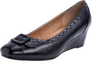 Mona flying Women's Leather Closed Toe 2 inches Wedges Pumps Square Toe Comfortable Heeled Office Work Dress Shoes for Ladies