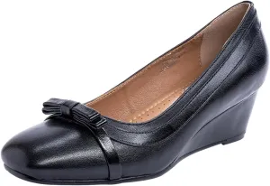 Mona flying Women's Leather Closed Toe 2 inches Wedges Pumps Square Toe Comfortable Heeled Office Work Dress Shoes for Ladies