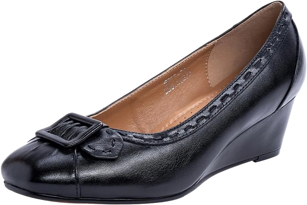 Mona flying Women's Leather Closed Toe 2 inches Wedges Pumps Square Toe Comfortable Heeled Office Work Dress Shoes for Ladies