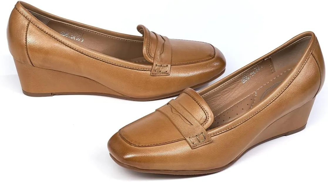 Mona flying Women's Leather Closed Toe 2 inches Wedges Pumps Square Toe Comfortable Heeled Office Work Dress Shoes for Ladies
