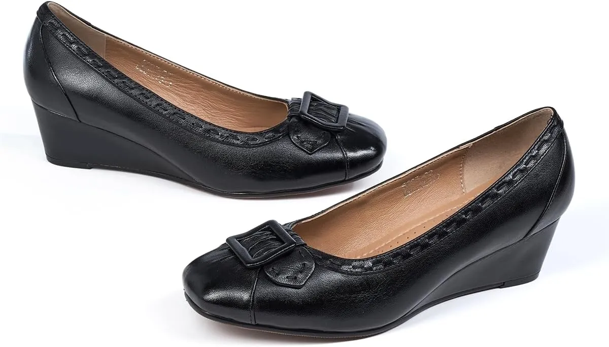 Mona flying Women's Leather Closed Toe 2 inches Wedges Pumps Square Toe Comfortable Heeled Office Work Dress Shoes for Ladies