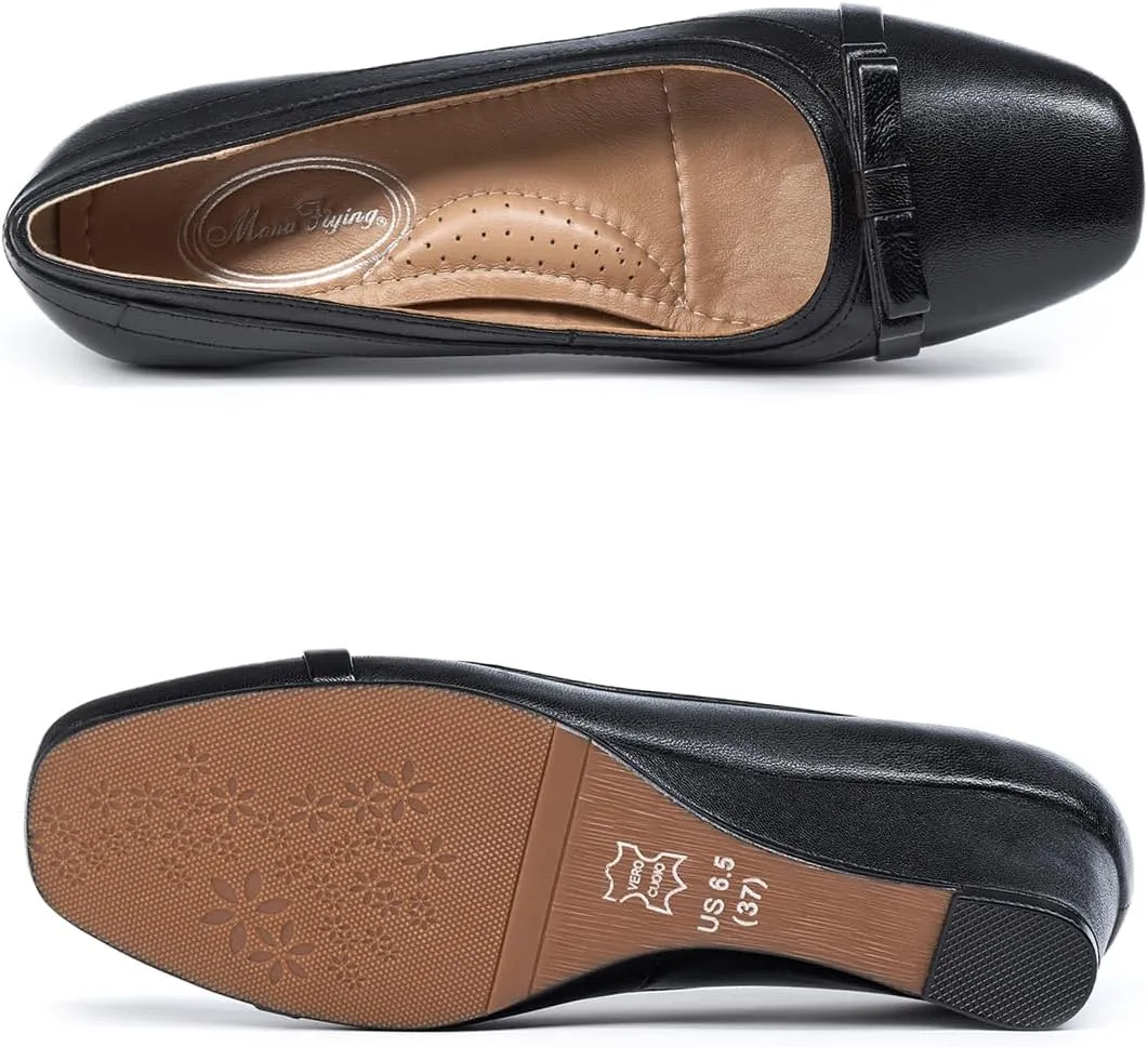 Mona flying Women's Leather Closed Toe 2 inches Wedges Pumps Square Toe Comfortable Heeled Office Work Dress Shoes for Ladies