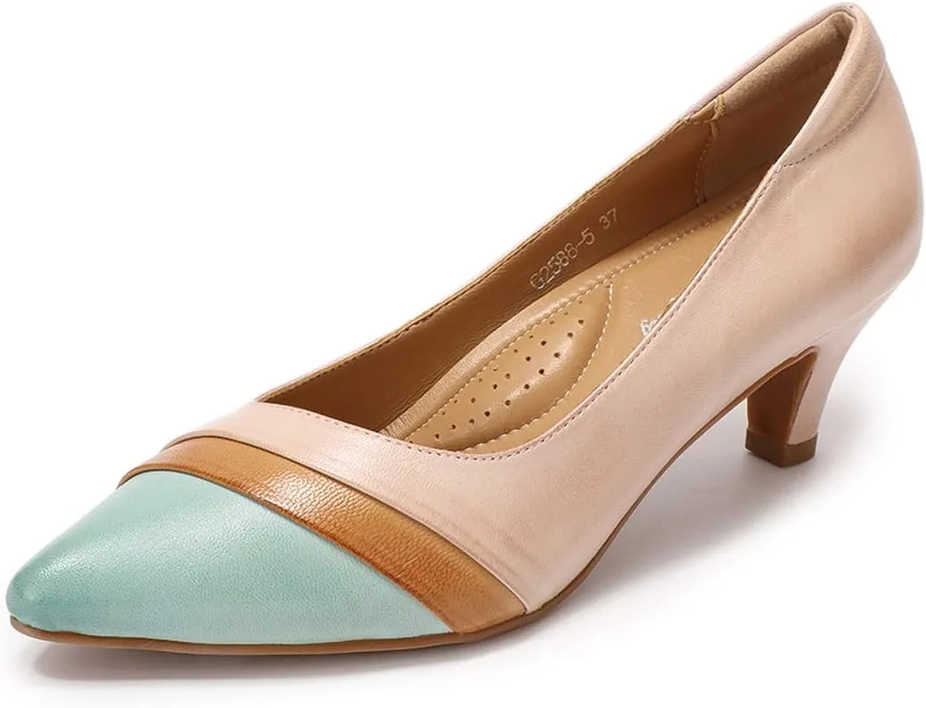 Mona flying Women's Leather Pump Med Heel Pointed Toe Office Dress Shoes for Ladies