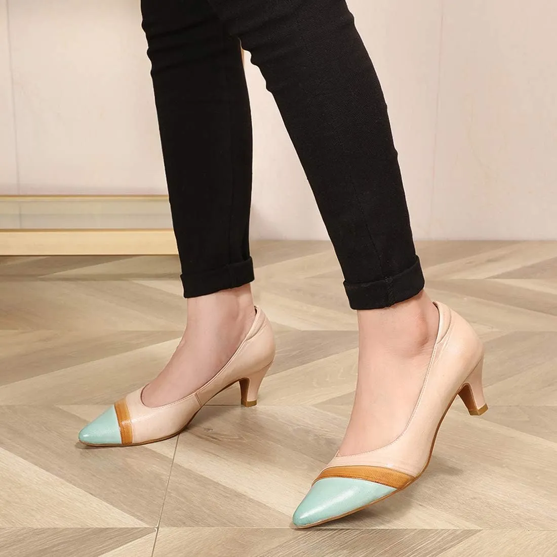 Mona flying Women's Leather Pump Med Heel Pointed Toe Office Dress Shoes for Ladies