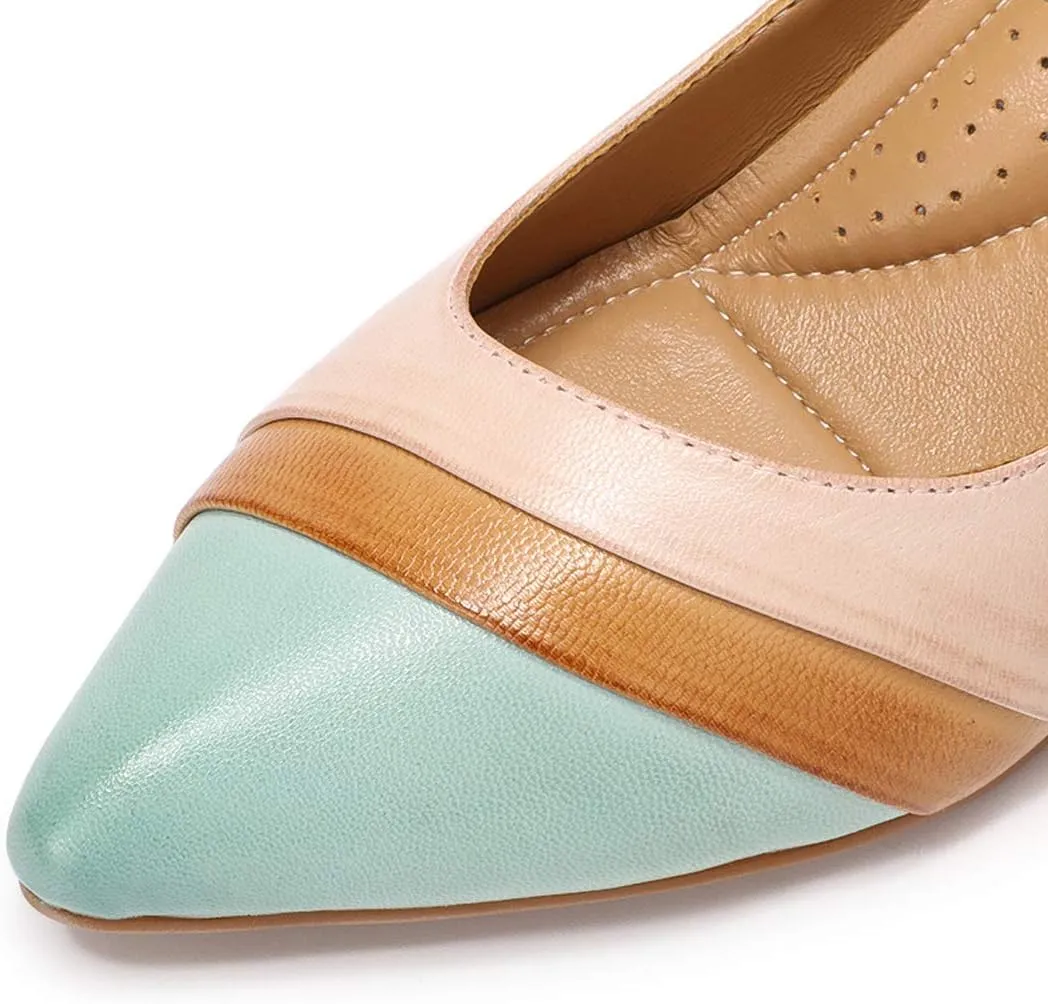 Mona flying Women's Leather Pump Med Heel Pointed Toe Office Dress Shoes for Ladies