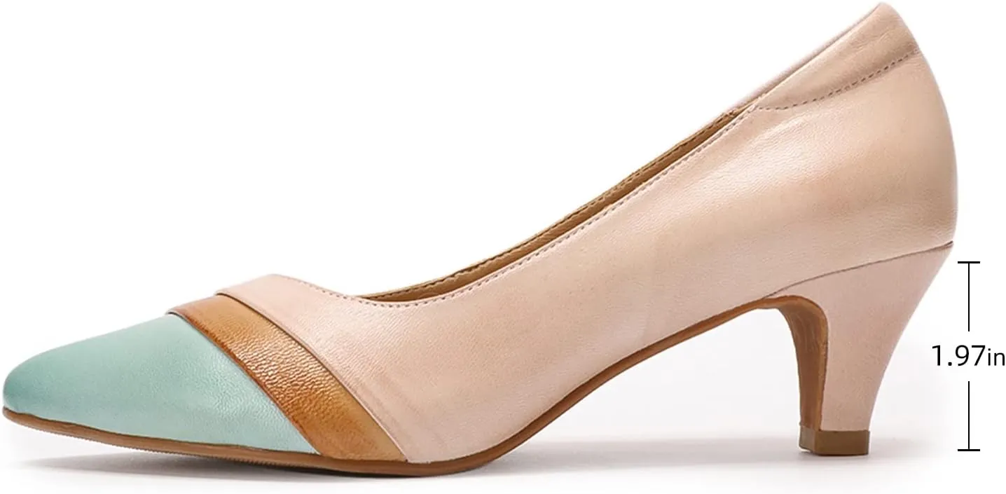 Mona flying Women's Leather Pump Med Heel Pointed Toe Office Dress Shoes for Ladies