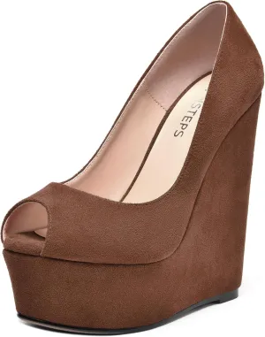 MOVINSTEPS Womens Fashion Peep Toe Suede Night Club Slip On Platform Wedge High Heel Pumps Shoes 6 Inch