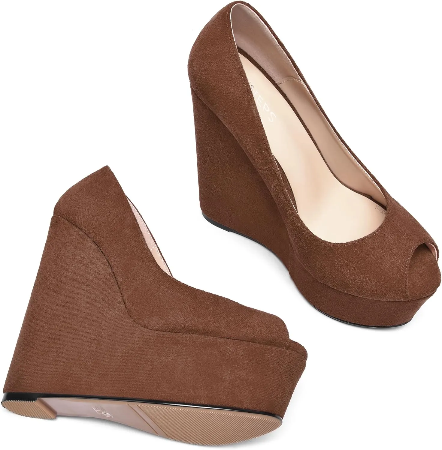 MOVINSTEPS Womens Fashion Peep Toe Suede Night Club Slip On Platform Wedge High Heel Pumps Shoes 6 Inch