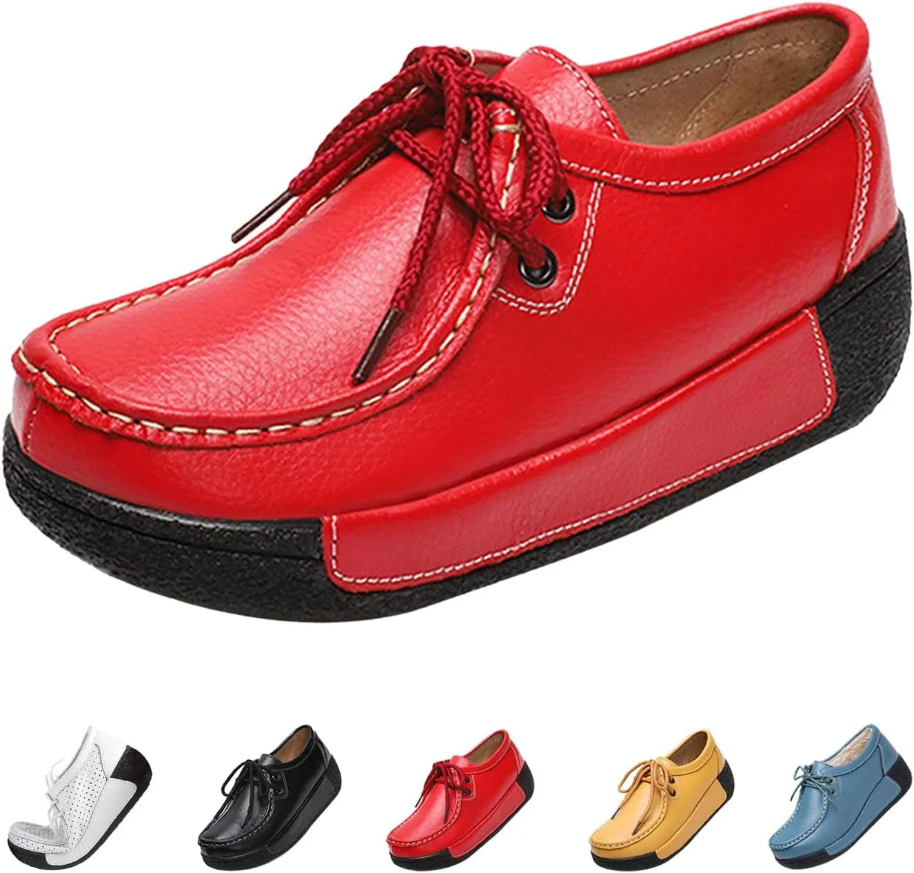 MOYOWEI Women's Leather Platform Wedge Sneakers,Comfort Moc Toe Non-Slip Softsole Lace-up Casual Walking Loafers Boat Shoes
