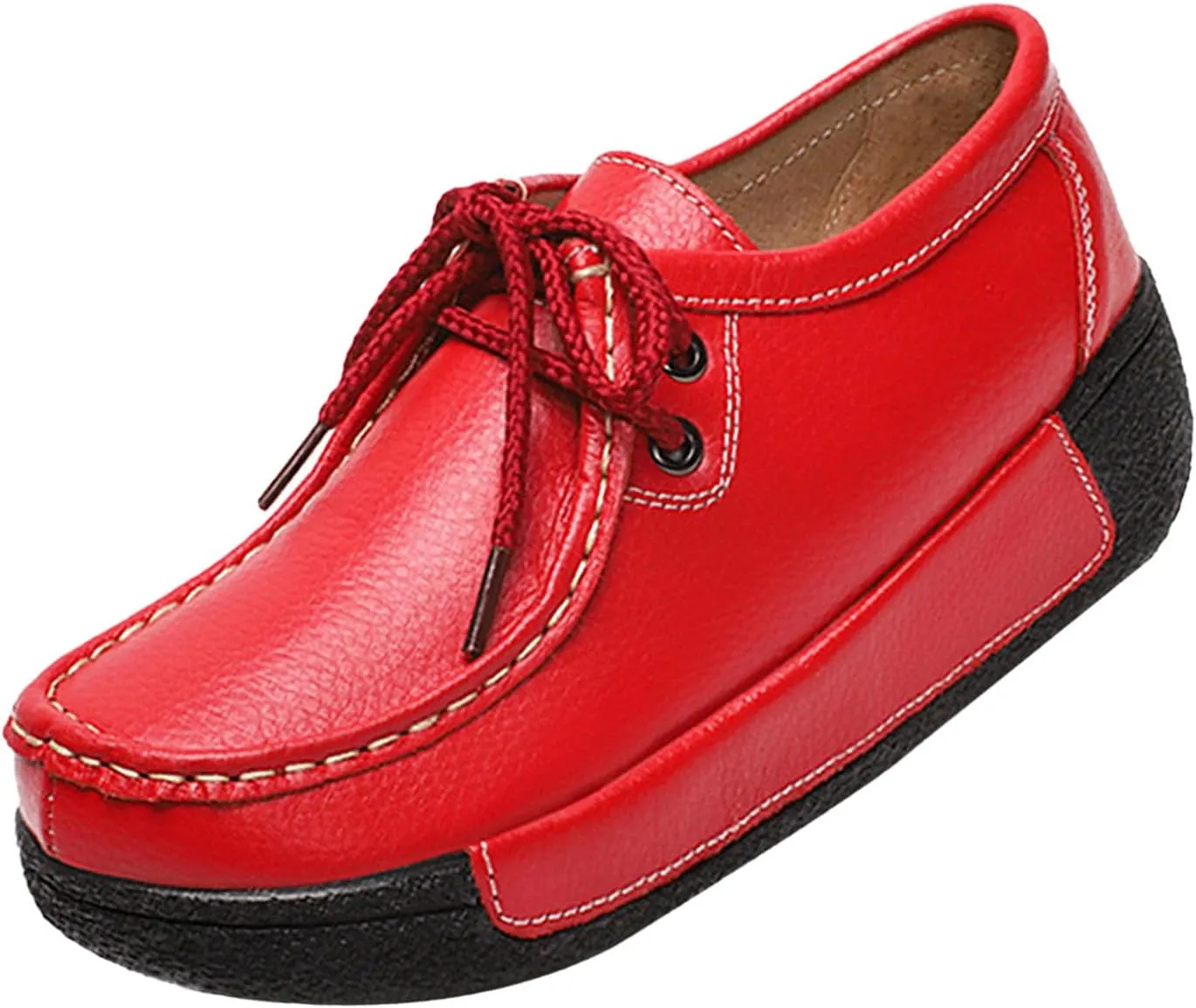 MOYOWEI Women's Leather Platform Wedge Sneakers,Comfort Moc Toe Non-Slip Softsole Lace-up Casual Walking Loafers Boat Shoes