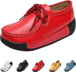 MOYOWEI Women's Leather Platform Wedge Sneakers,Comfort Moc Toe Non-Slip Softsole Lace-up Casual Walking Loafers Boat Shoes