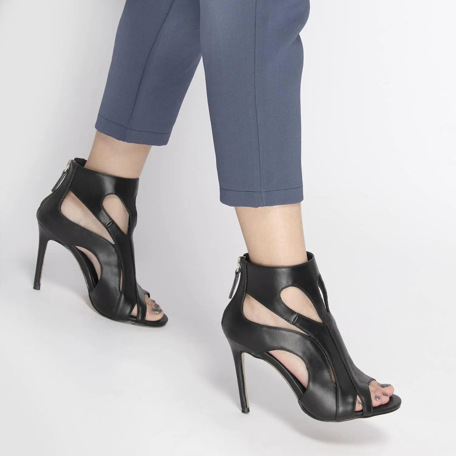 Peep Toe Booties for Women Black Open Toe Boots High Heels Summer Cutout Ankle Stiletto Sandals Dress Pumps Shoes Stylish Zipper Closure
