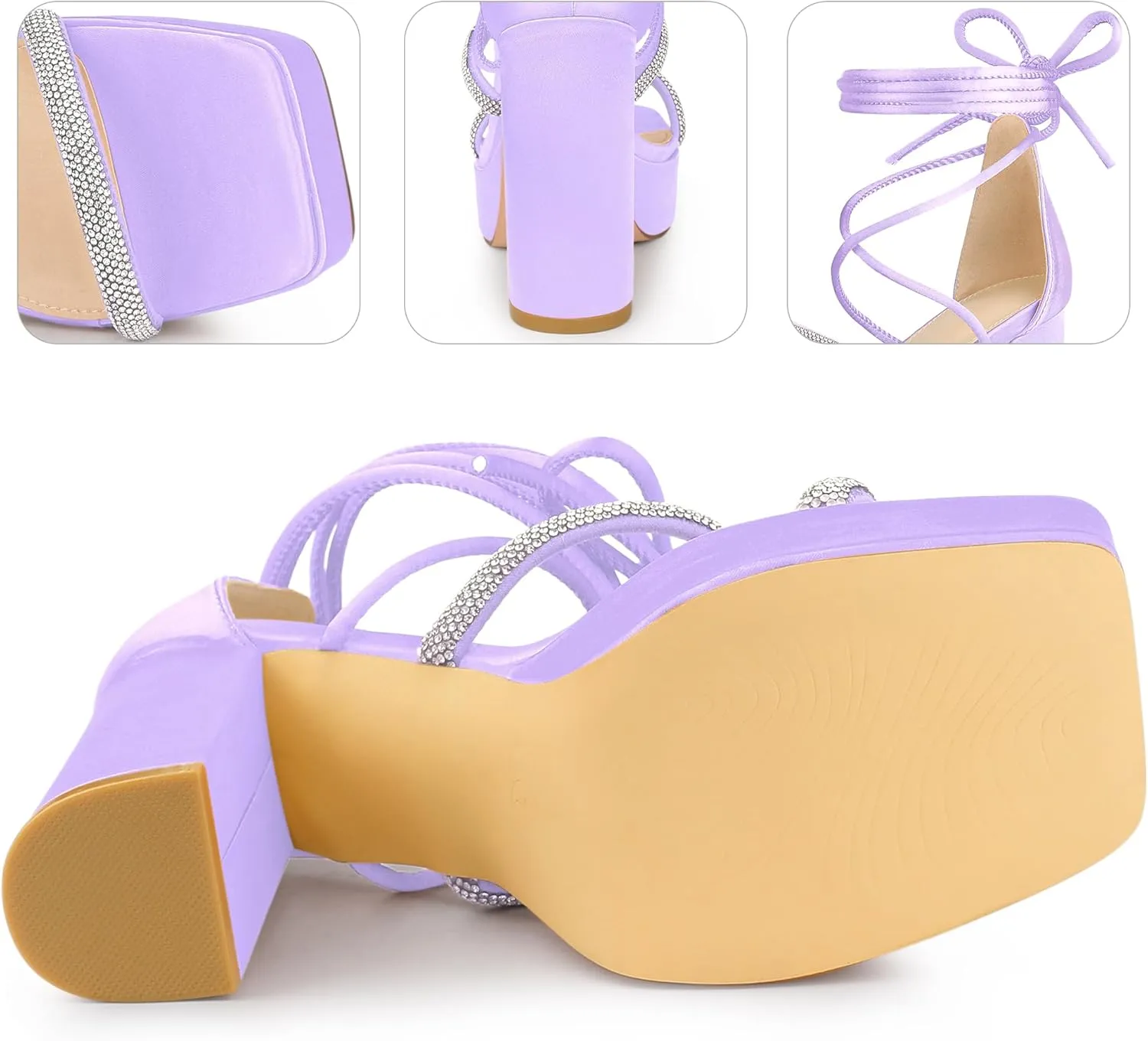 Perphy Rhinestone Platform Lace Up Chunky Heels Sandals for Women