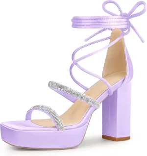 Perphy Rhinestone Platform Lace Up Chunky Heels Sandals for Women