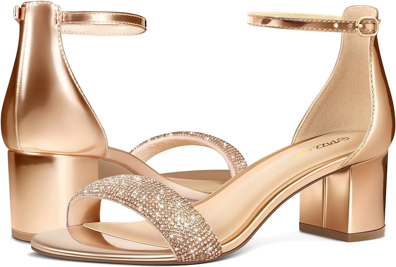 PIZZ ANNU Women's Low Block Chunky Heels Sandals Comfortable Open Toe Ankle Strap Party Dress Pump Shoes Strappy Buckle Heeled Sandal with 2 Inches Tall Thick Heel Design