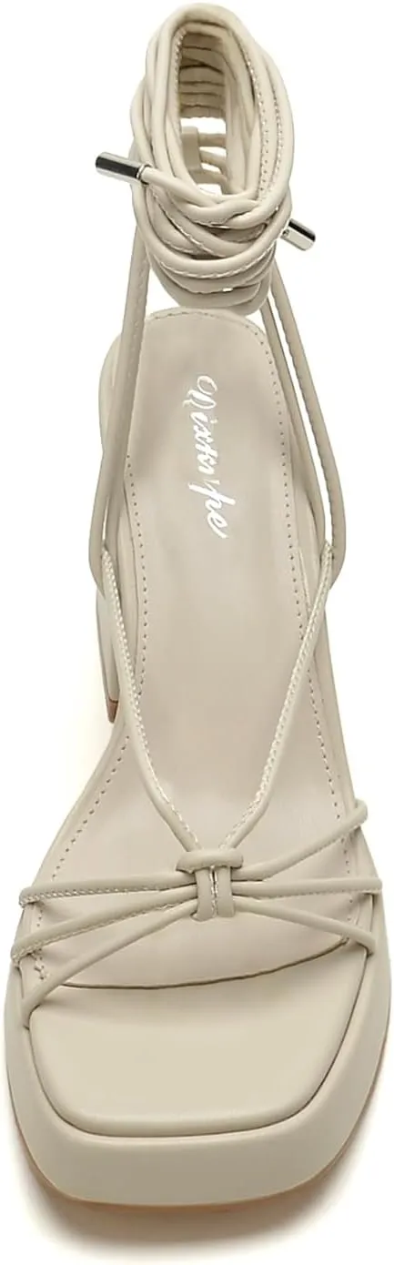 Platform Strappy Heels For Women 3.5 Inch Strappy Heeled Sandals Lace Up Square Open Toe Chunky Blcok Sandals Shoes For Party Prom Date Sandal Heels For Women