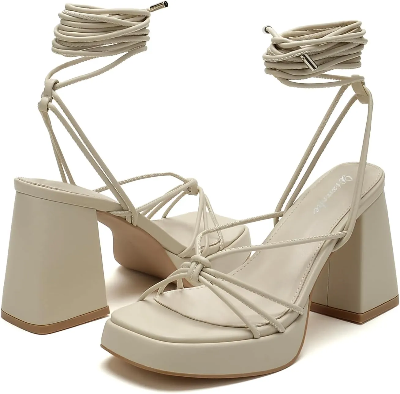 Platform Strappy Heels For Women 3.5 Inch Strappy Heeled Sandals Lace Up Square Open Toe Chunky Blcok Sandals Shoes For Party Prom Date Sandal Heels For Women