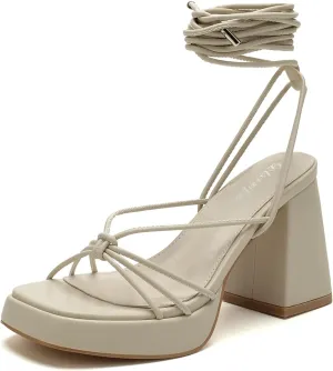 Platform Strappy Heels For Women 3.5 Inch Strappy Heeled Sandals Lace Up Square Open Toe Chunky Blcok Sandals Shoes For Party Prom Date Sandal Heels For Women