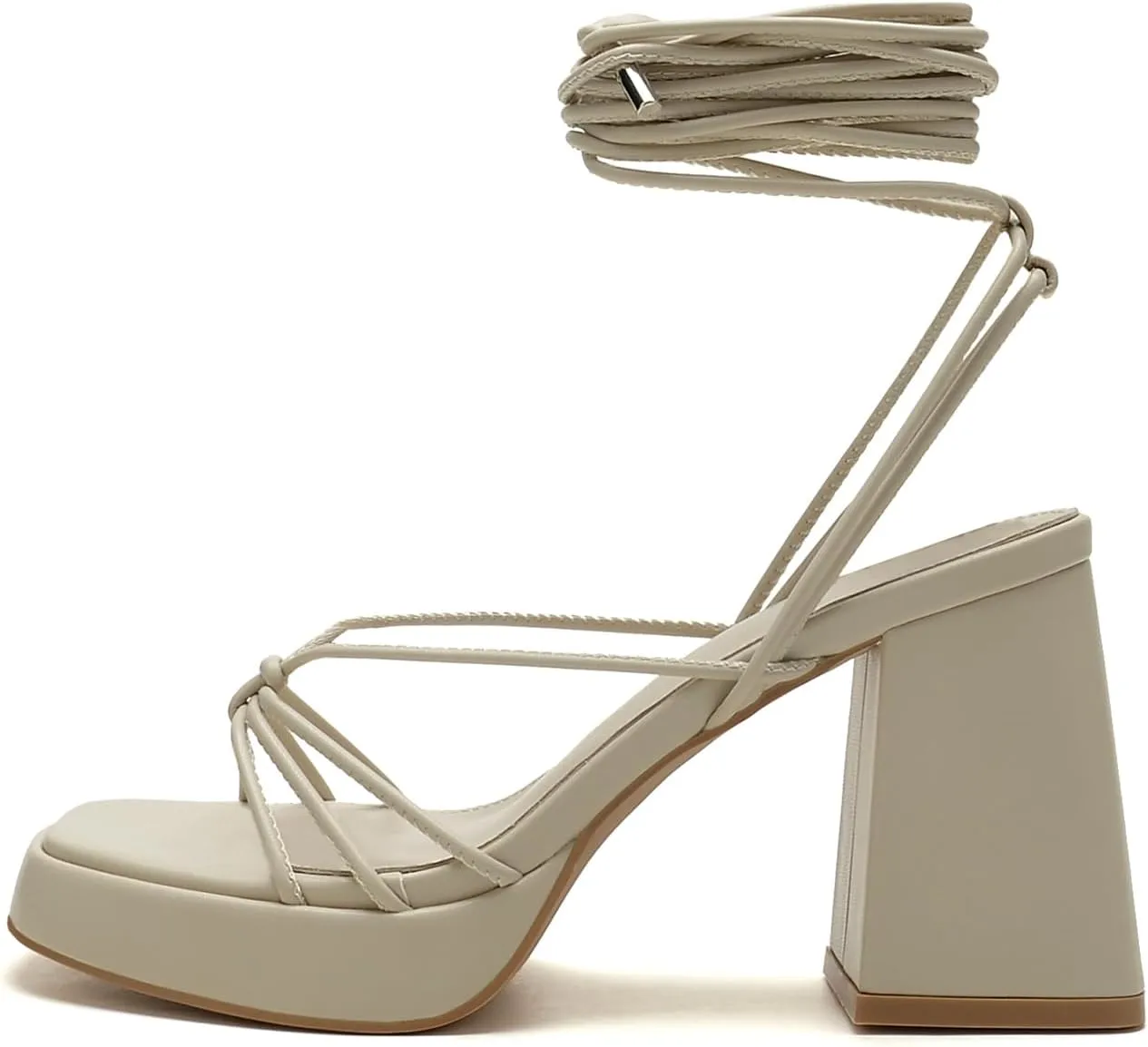 Platform Strappy Heels For Women 3.5 Inch Strappy Heeled Sandals Lace Up Square Open Toe Chunky Blcok Sandals Shoes For Party Prom Date Sandal Heels For Women