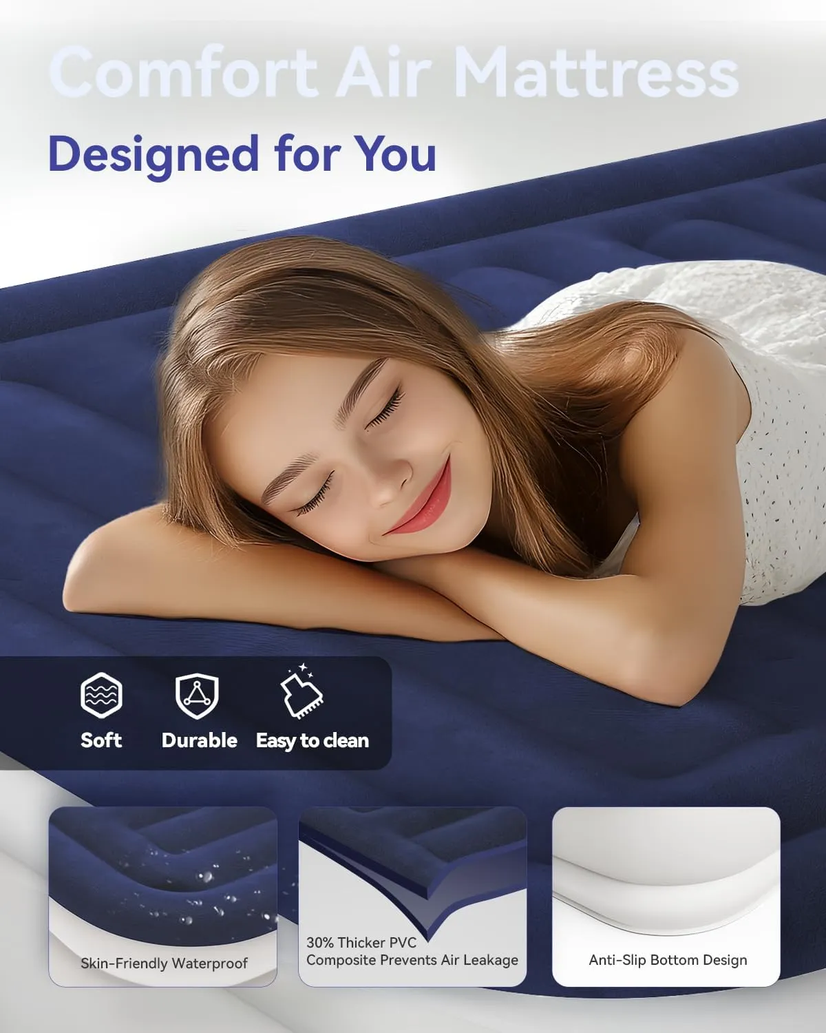 Queen Air Mattress with Built in Pump, 18'' Luxury Comfort Inflatable Mattress with Rechargeable Pump, Portable Cordless Self Blow Up Mattress, Durable Air Bed for Home&Guests, 660lb Max
