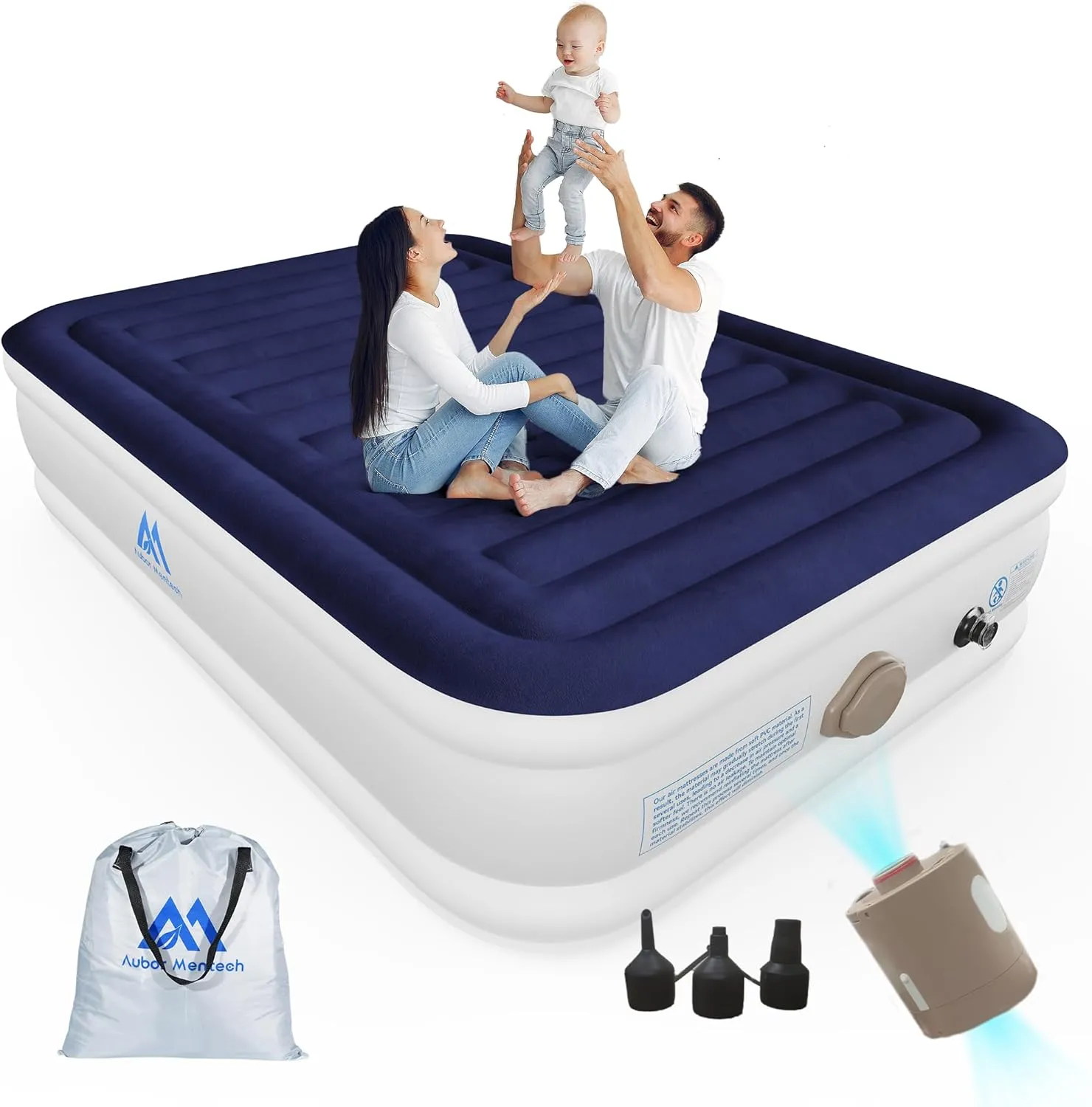Queen Air Mattress with Built in Pump, 18'' Luxury Comfort Inflatable Mattress with Rechargeable Pump, Portable Cordless Self Blow Up Mattress, Durable Air Bed for Home&Guests, 660lb Max
