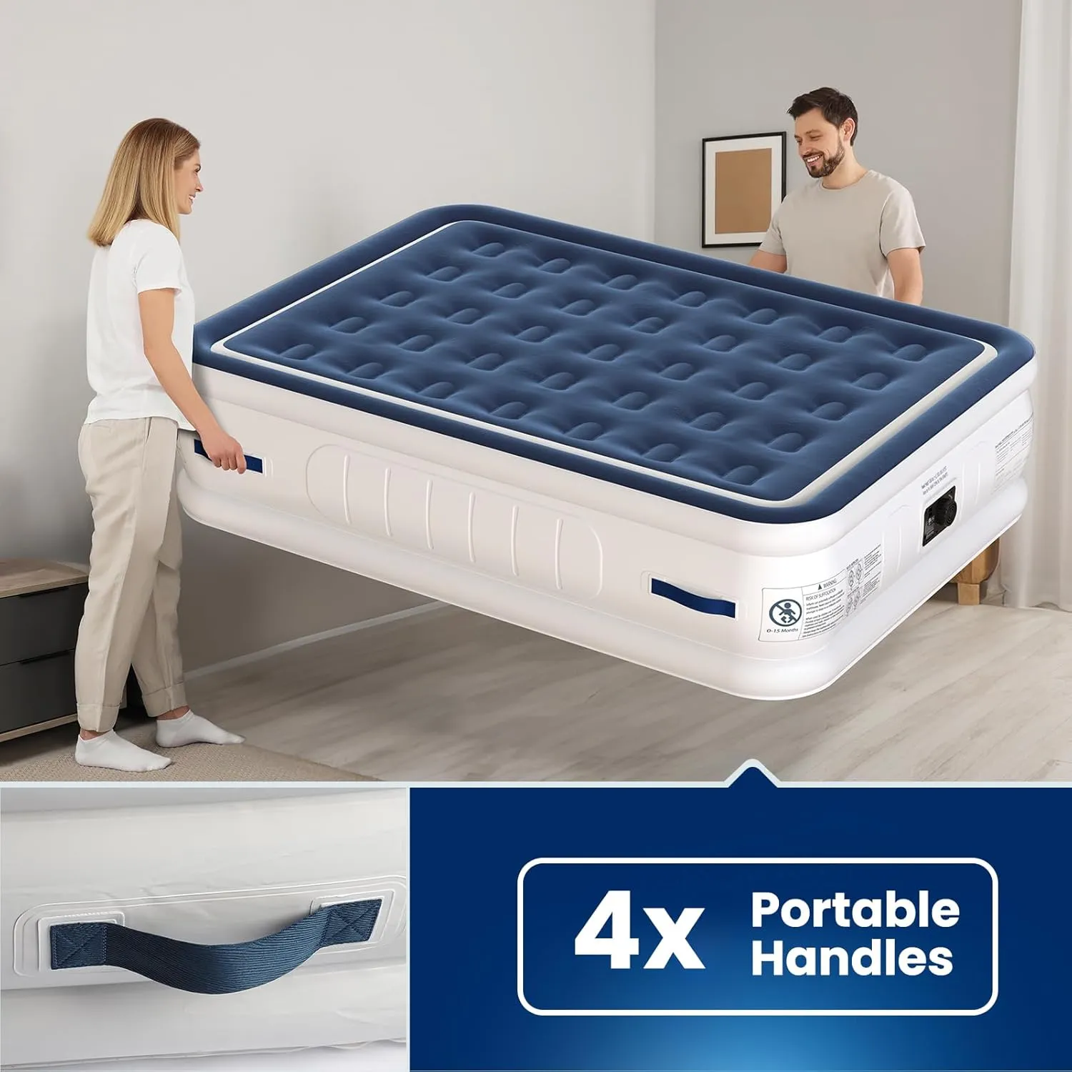 Queen Air Mattress with Built in Pump and 4 Portable Handles, 18" Raised Comfort Blow Up Mattress, 800lb Support Air Bed with Carry Bags, 3 Mins Sturdy Inflatable Bed for Home, Guest&Camping