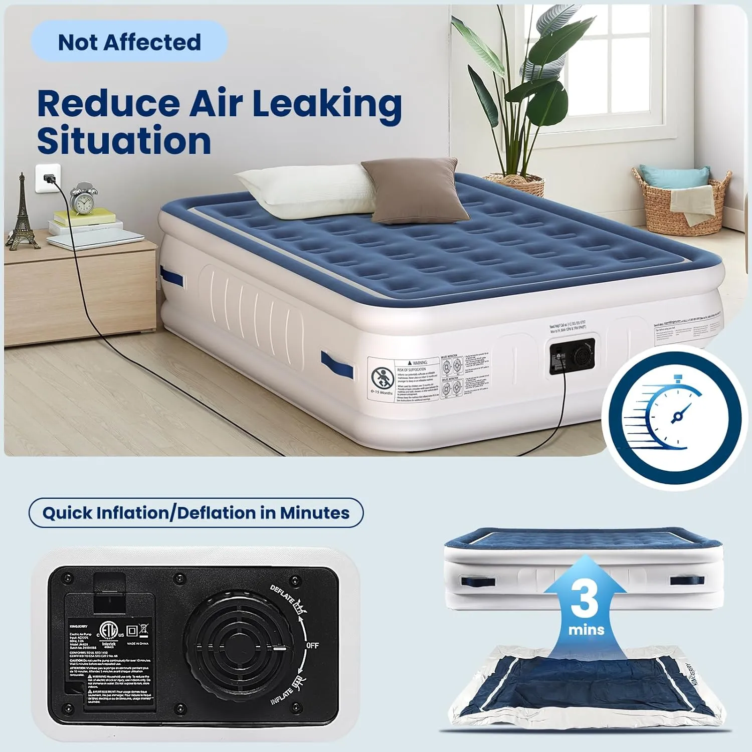 Queen Air Mattress with Built in Pump and 4 Portable Handles, 18" Raised Comfort Blow Up Mattress, 800lb Support Air Bed with Carry Bags, 3 Mins Sturdy Inflatable Bed for Home, Guest&Camping