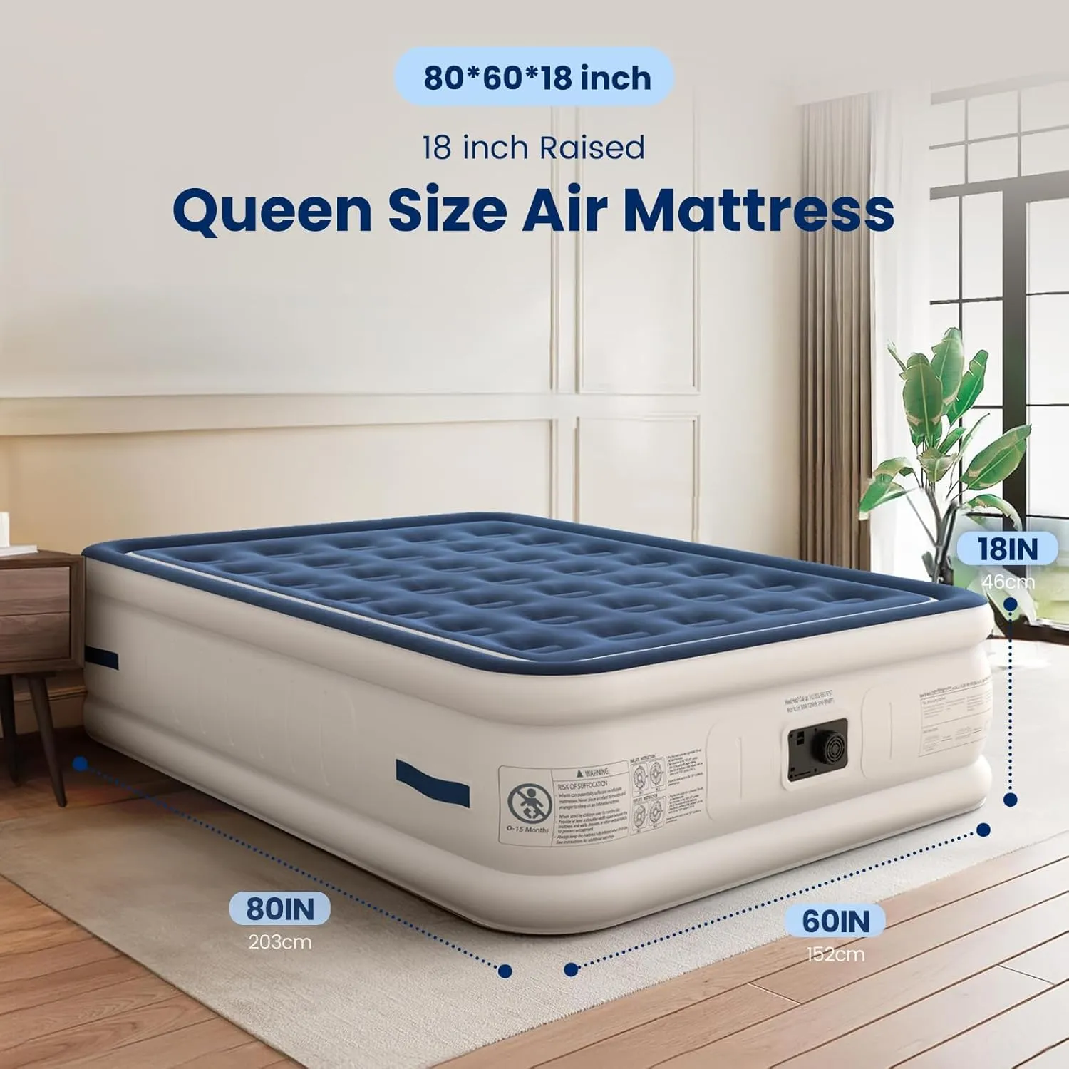 Queen Air Mattress with Built in Pump and 4 Portable Handles, 18" Raised Comfort Blow Up Mattress, 800lb Support Air Bed with Carry Bags, 3 Mins Sturdy Inflatable Bed for Home, Guest&Camping