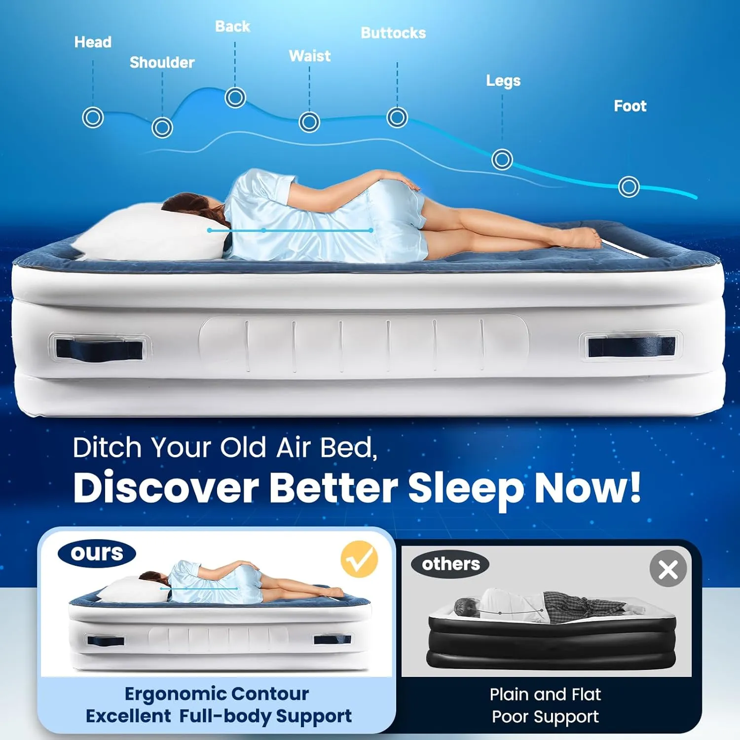 Queen Air Mattress with Built in Pump and 4 Portable Handles, 18" Raised Comfort Blow Up Mattress, 800lb Support Air Bed with Carry Bags, 3 Mins Sturdy Inflatable Bed for Home, Guest&Camping