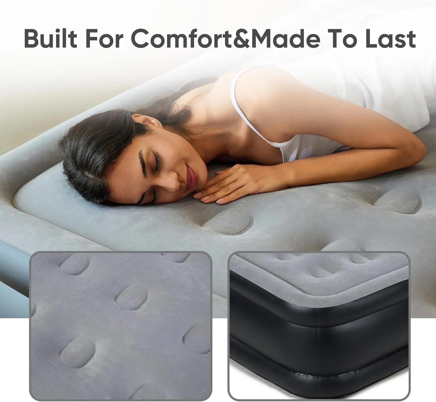 Queen Air Mattress with Built in Pump, Inflatable Mattress for Home, Blow up Air Bed 3 Min Quick Inflation and Deflation, Thin Velvet Top, 22'' Queen Size Gray