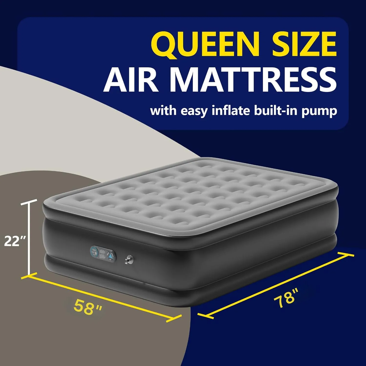 Queen Air Mattress with Built in Pump, Inflatable Mattress for Home, Blow up Air Bed 3 Min Quick Inflation and Deflation, Thin Velvet Top, 22'' Queen Size Gray