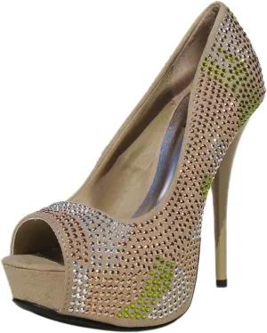 Qupid Women's Neutral408x Leatherette Studded Peep Toe Pump
