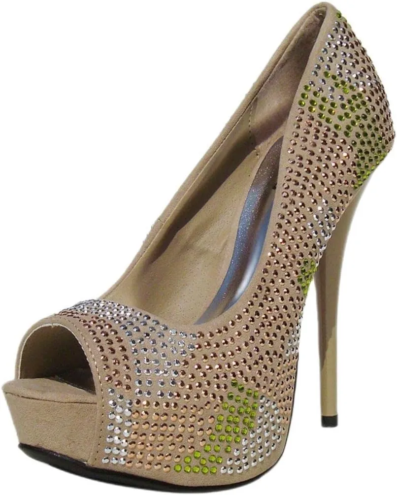 Qupid Women's Neutral408x Leatherette Studded Peep Toe Pump