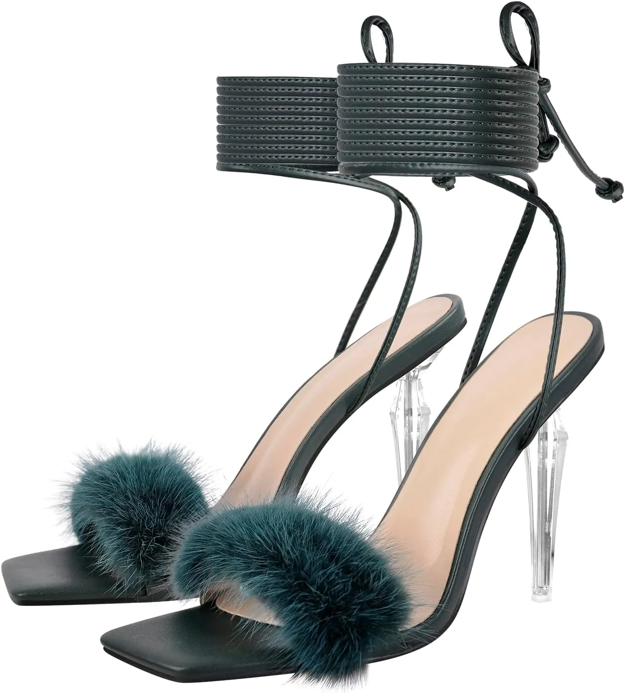 Richealnana Women's Fluffy Feather Pointed Toe Clear Heels Sandals