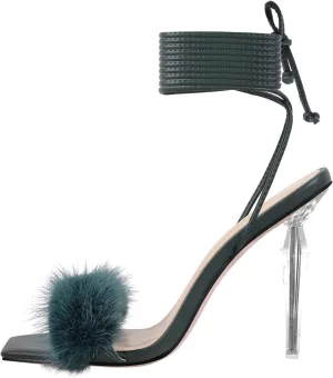 Richealnana Women's Fluffy Feather Pointed Toe Clear Heels Sandals