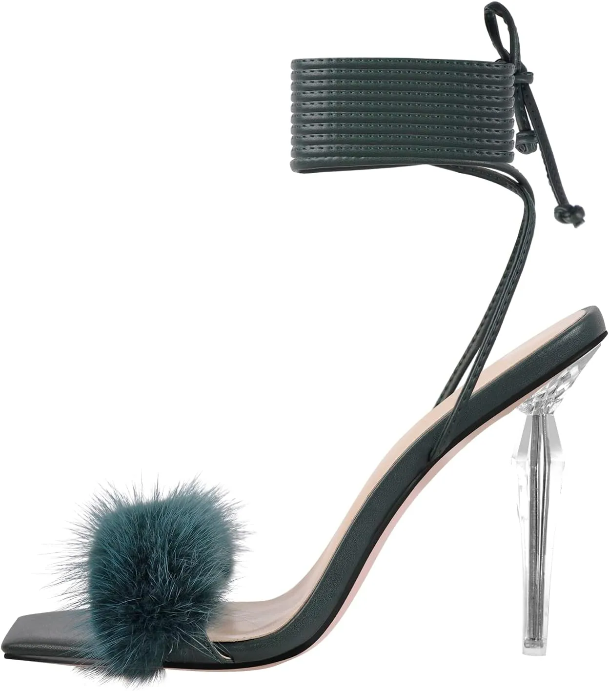 Richealnana Women's Fluffy Feather Pointed Toe Clear Heels Sandals