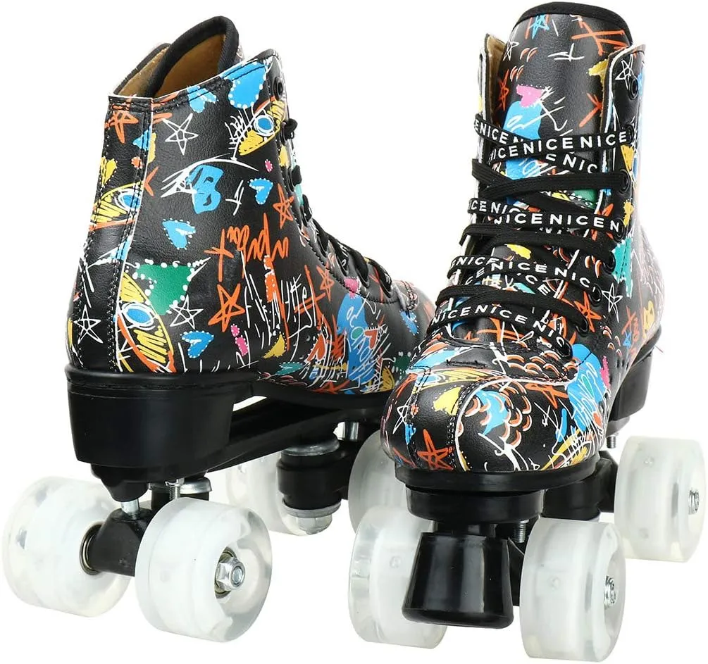 Roller Skates for Women and Men Cowhide High-Top Shoes Classic Double-Row Roller Skate Four-Wheel Roller Skates for Men Girls Unisex