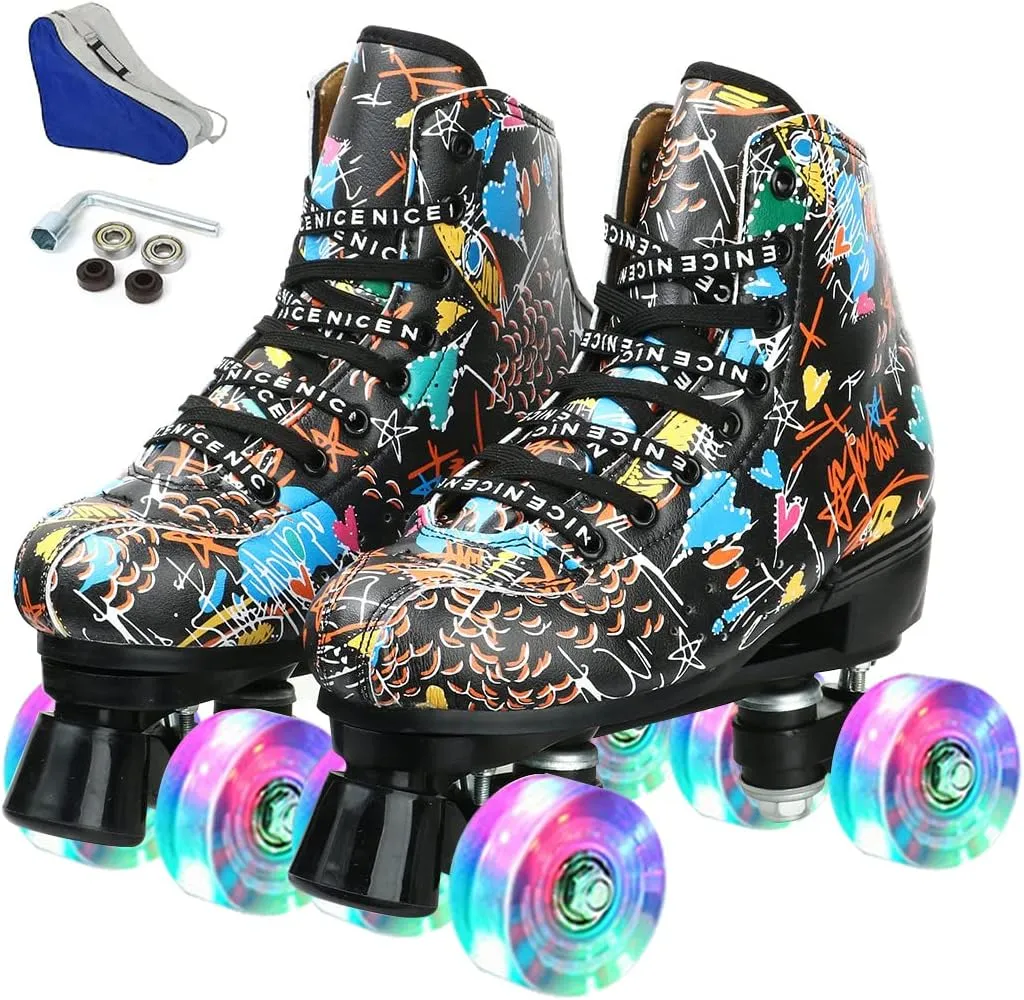Roller Skates for Women and Men Cowhide High-Top Shoes Classic Double-Row Roller Skate Four-Wheel Roller Skates for Men Girls Unisex