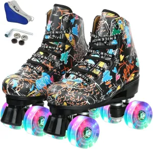 Roller Skates for Women and Men Cowhide High-Top Shoes Classic Double-Row Roller Skate Four-Wheel Roller Skates for Men Girls Unisex
