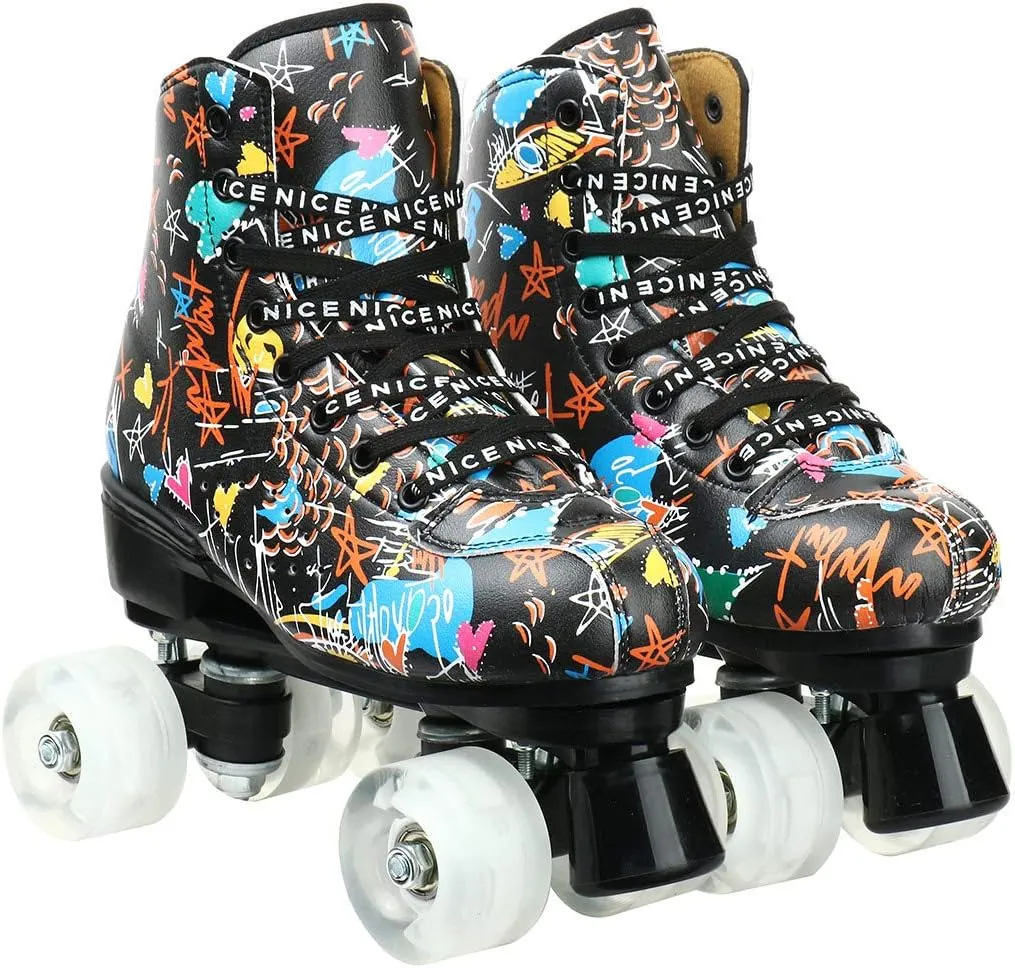 Roller Skates for Women and Men Cowhide High-Top Shoes Classic Double-Row Roller Skate Four-Wheel Roller Skates for Men Girls Unisex