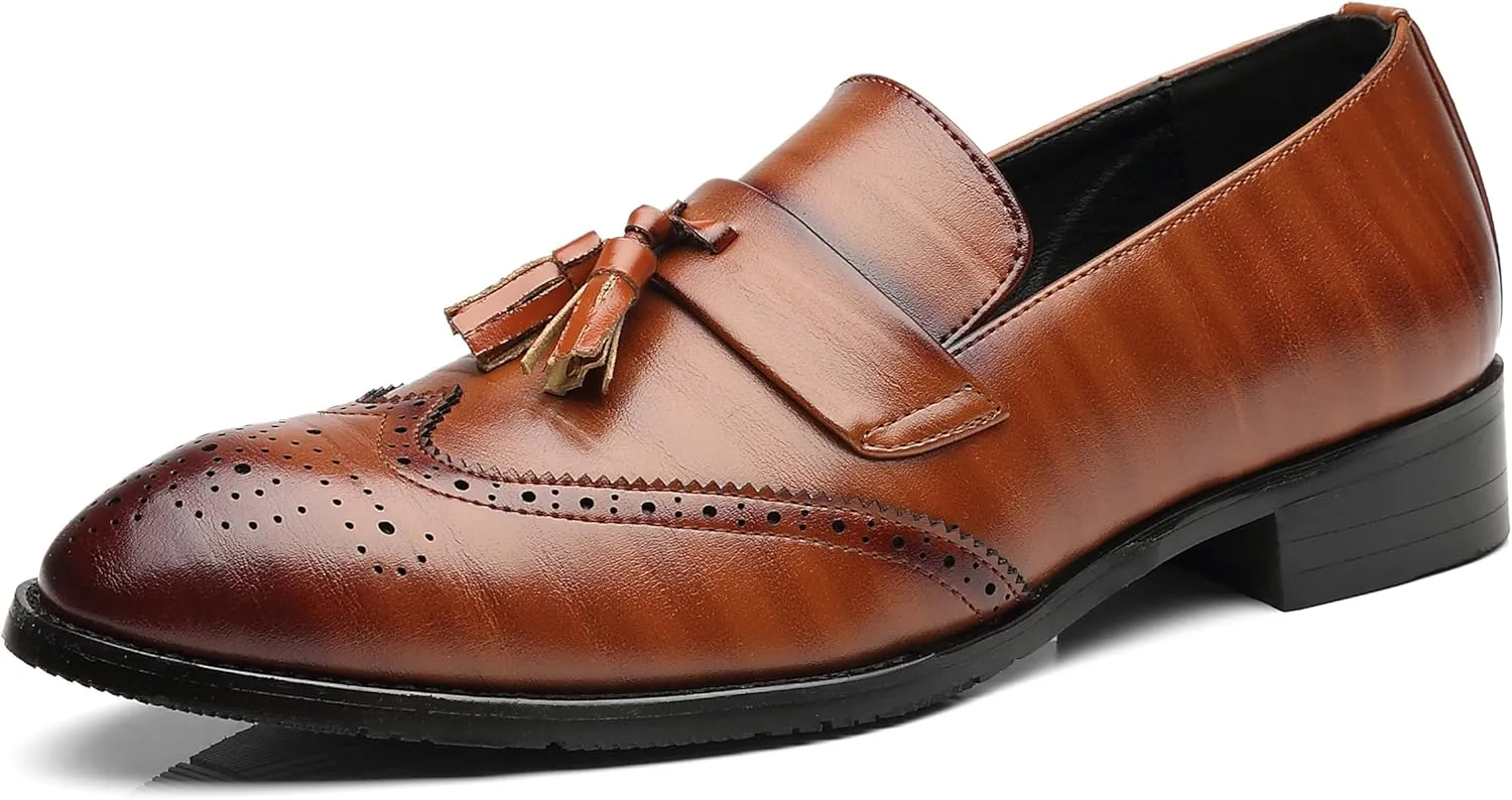Santimon Men's Smoking Slipper Tassel Loafers Brogue PU Leather Driving Boat Moccasins Casual Shoes